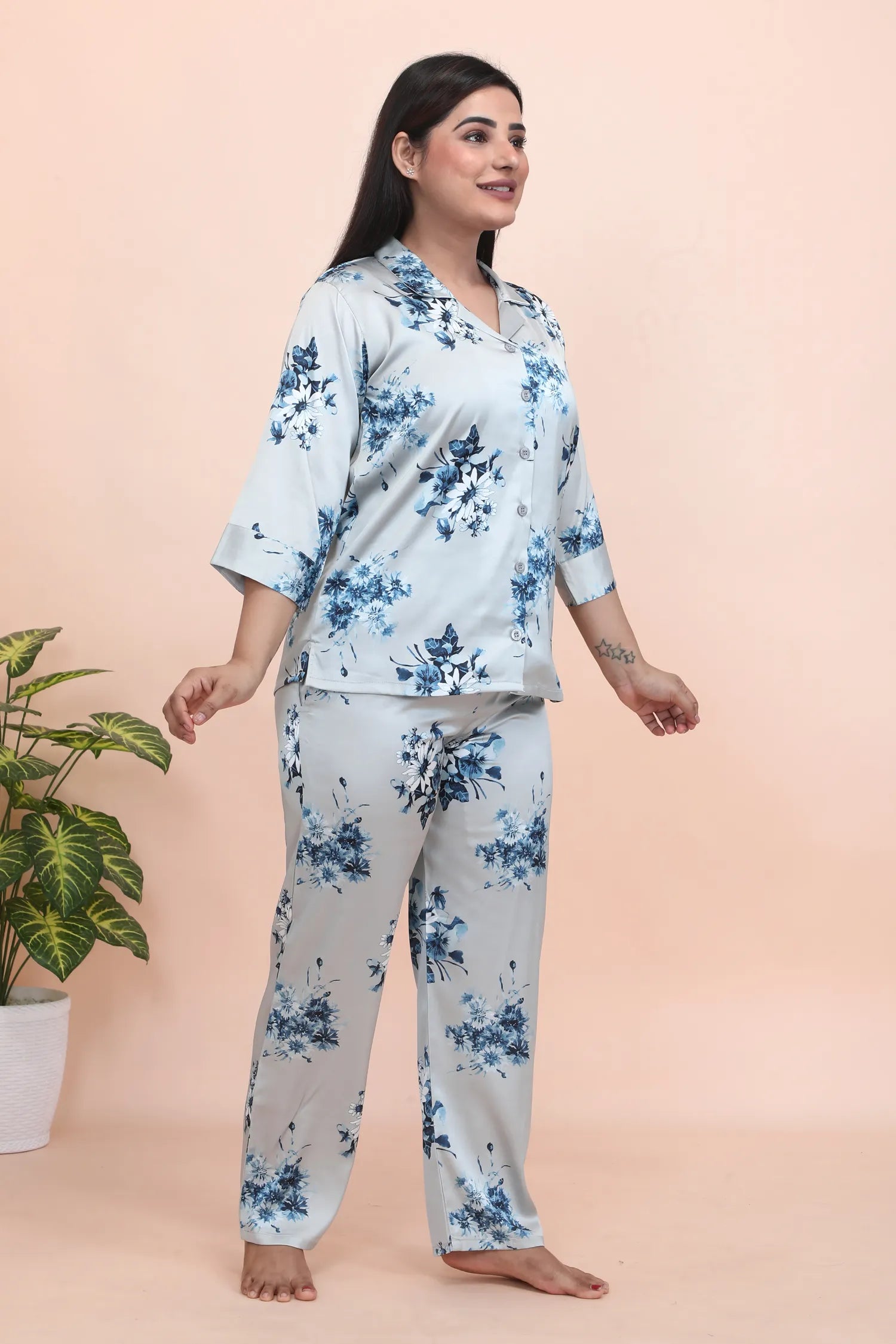 Velure Vintage Floral Print Satin Night Suit - Velure - - 3/4 Sleeves, Collar Neck, Floral Print, Front Button Open, Full Length Pant, Satin