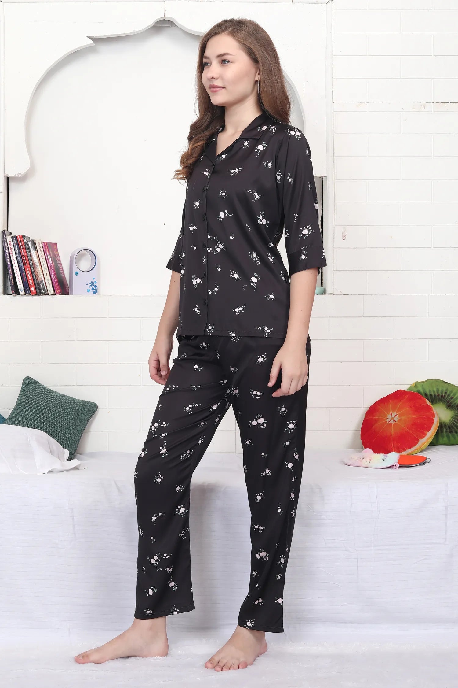 Velure Black Floral Print Satin Night Suit