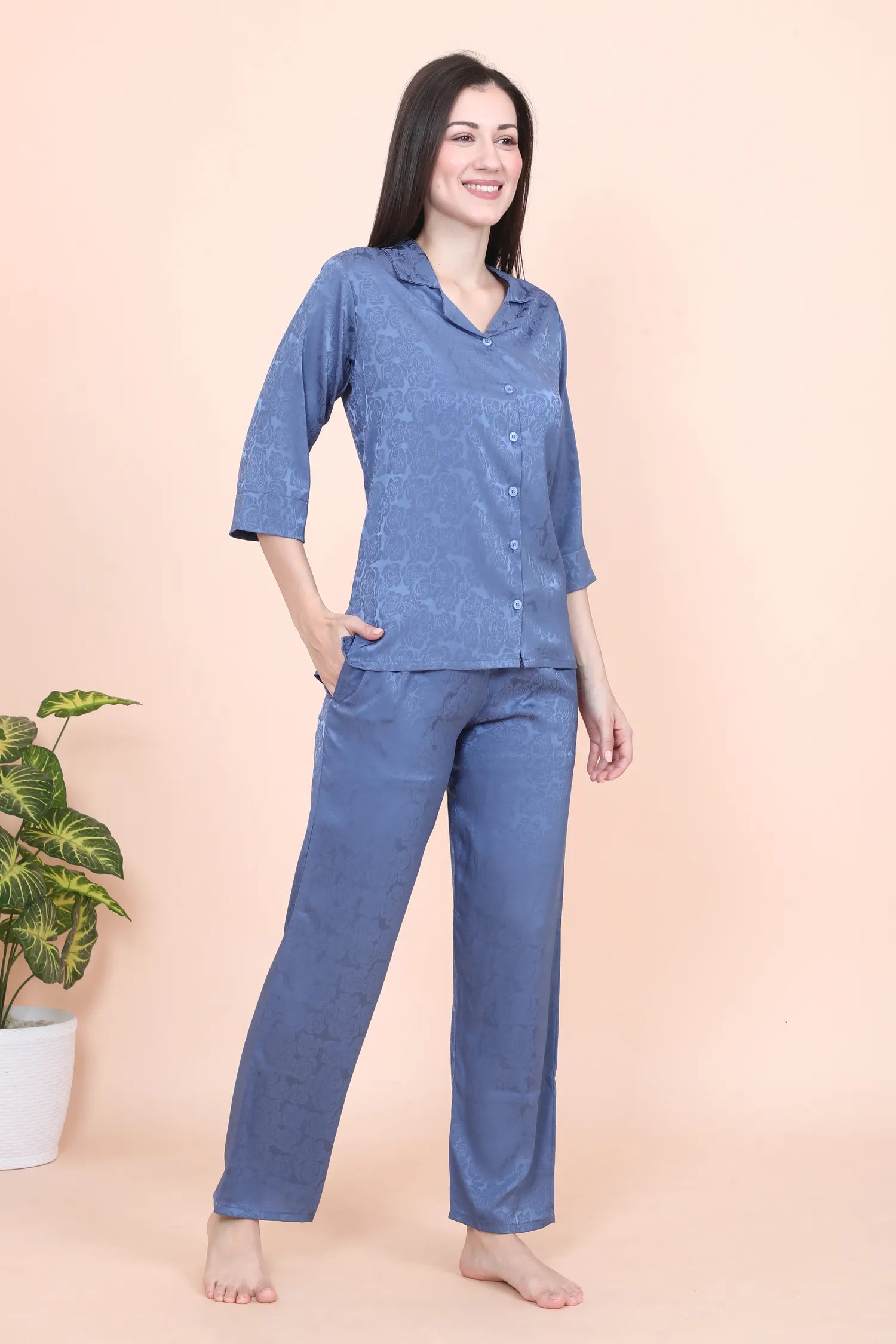 Velure Rose Textured Satin Night Suit - Velure - - 3/4 Sleeves, Collar Neck, Front Button Open, Full Length Pant, Printed, Satin