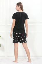 Velure Black Shiny Stars Shorts Set - Velure - - Cotton Lycra Fabric, Half Sleeves, Printed, Round neck, Shorts