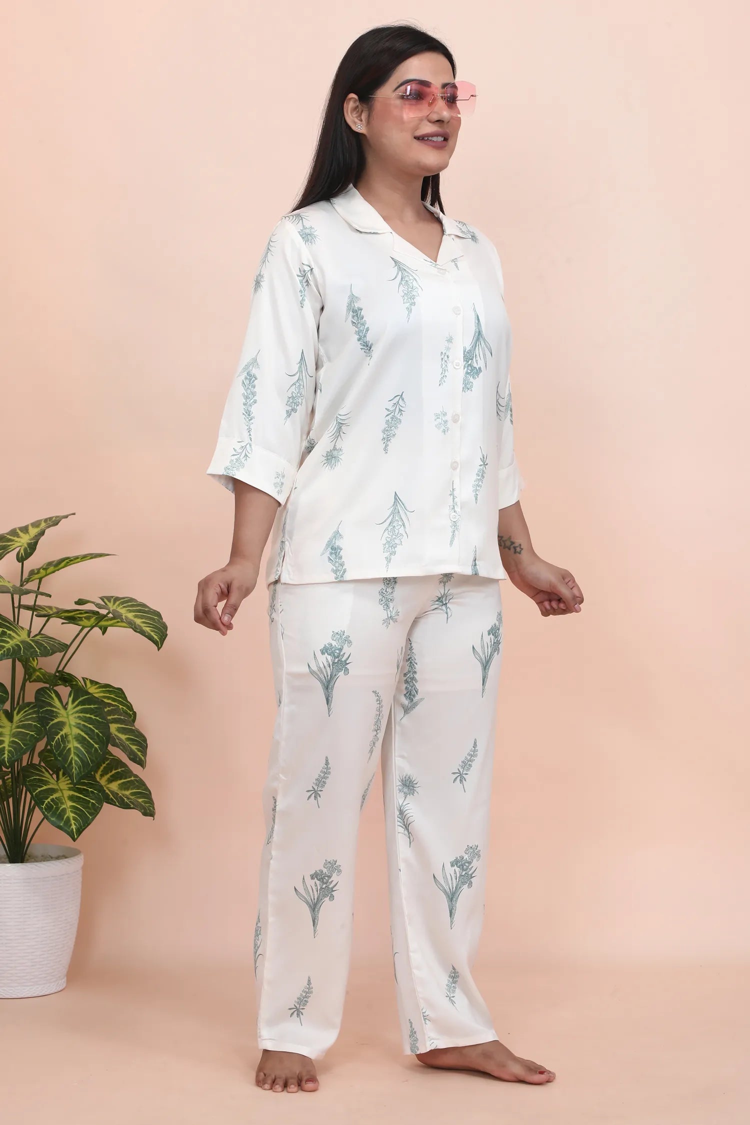 Velure Classic Floral Print Satin Night Suit - Velure - - 3/4 Sleeves, Collar Neck, Floral Print, Front Button Open, Full Length Pant, Satin