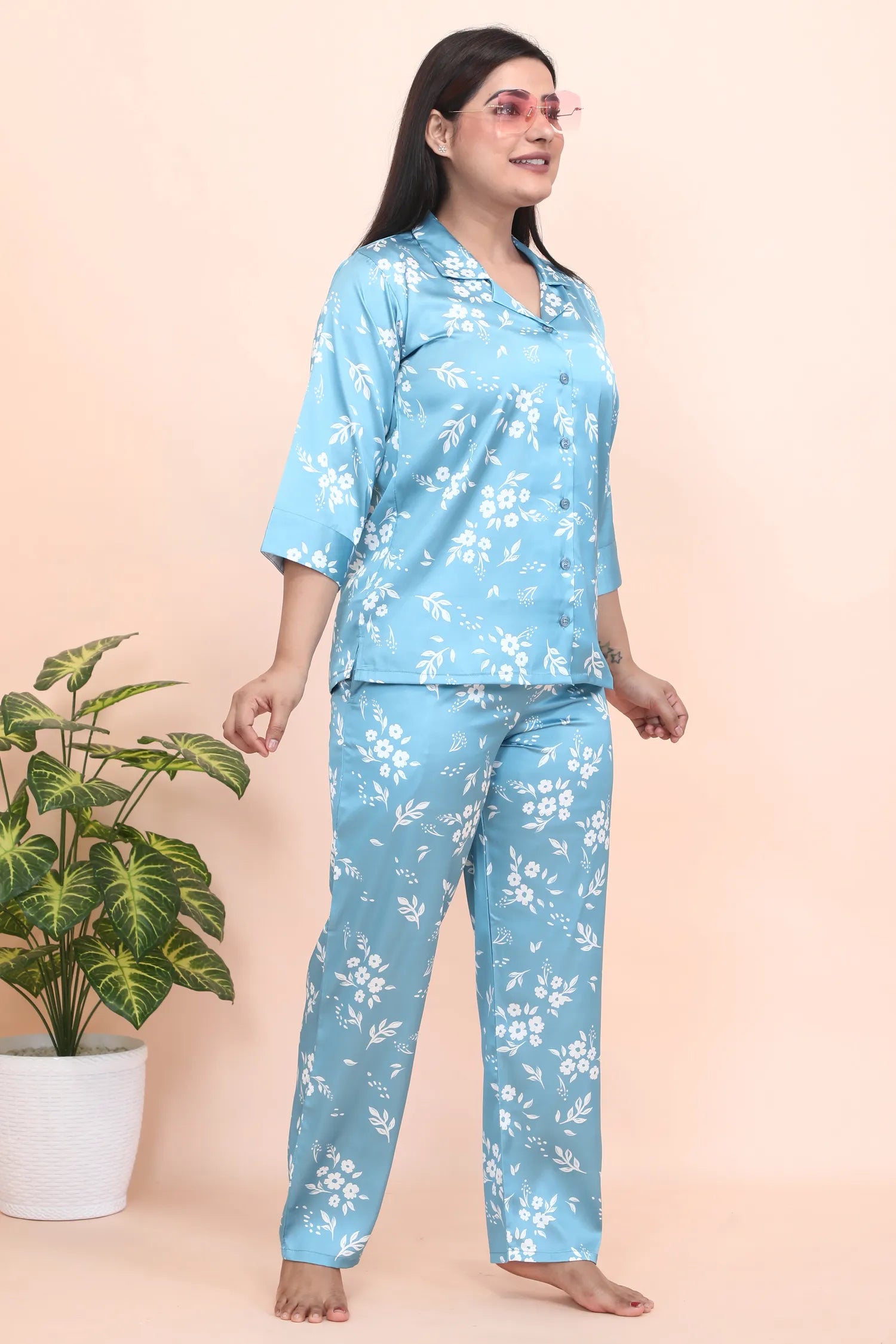 Velure Graceful Blue Floral Print Satin Night Suit - Velure - - 3/4 Sleeves, Collar Neck, Floral Print, Front Button Open, Full Length Pant, Satin