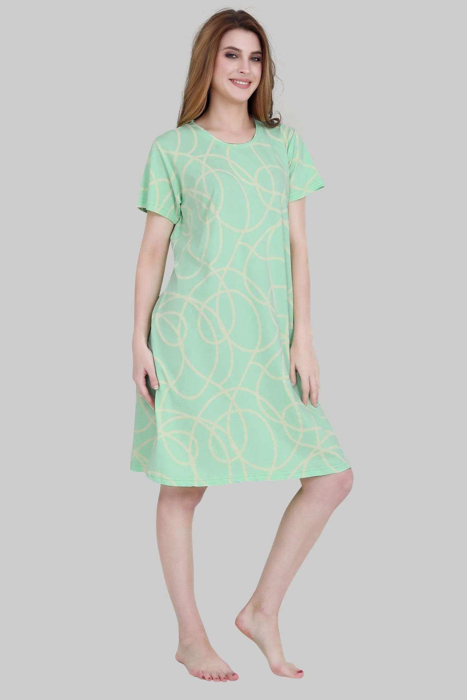 Velure Geometric Print Short Nighty - Velure - - 3/4 Sleeves, Cotton, Knee Length, Printed, Round neck