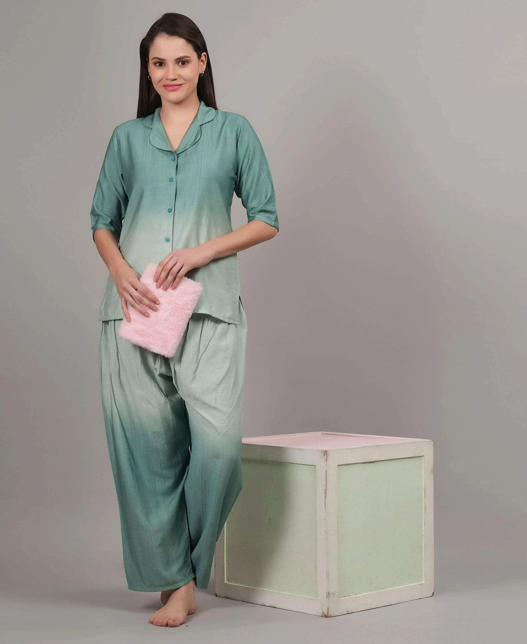 Velure Ethnic Co-ord Set - Velure - - 3/4 Sleeves, Collar Neck, Cotton, Full Length Pant, Ombre