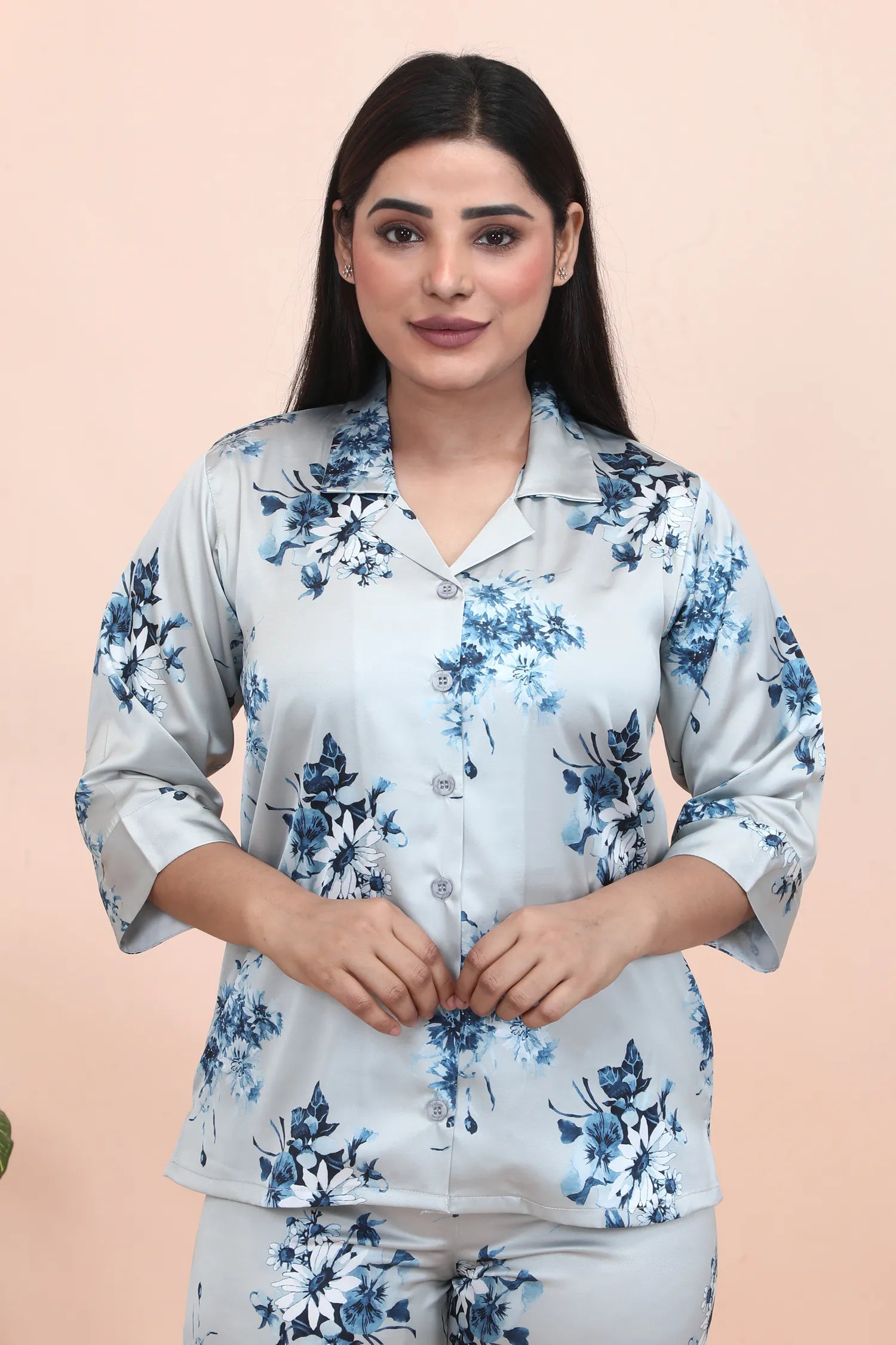 Velure Vintage Floral Print Satin Night Suit - Velure - - 3/4 Sleeves, Collar Neck, Floral Print, Front Button Open, Full Length Pant, Satin