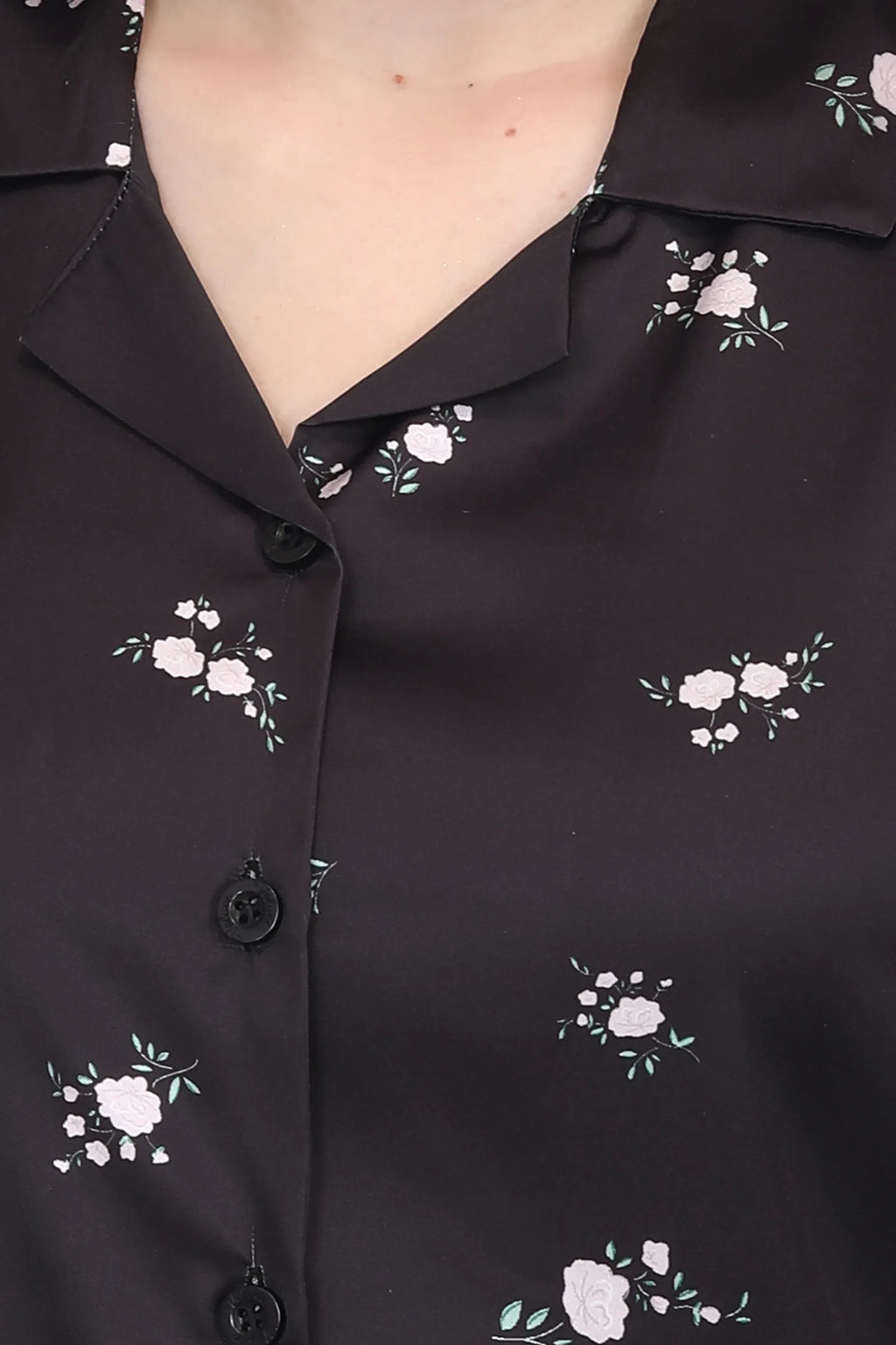 Velure Black Floral Print Satin Night Suit