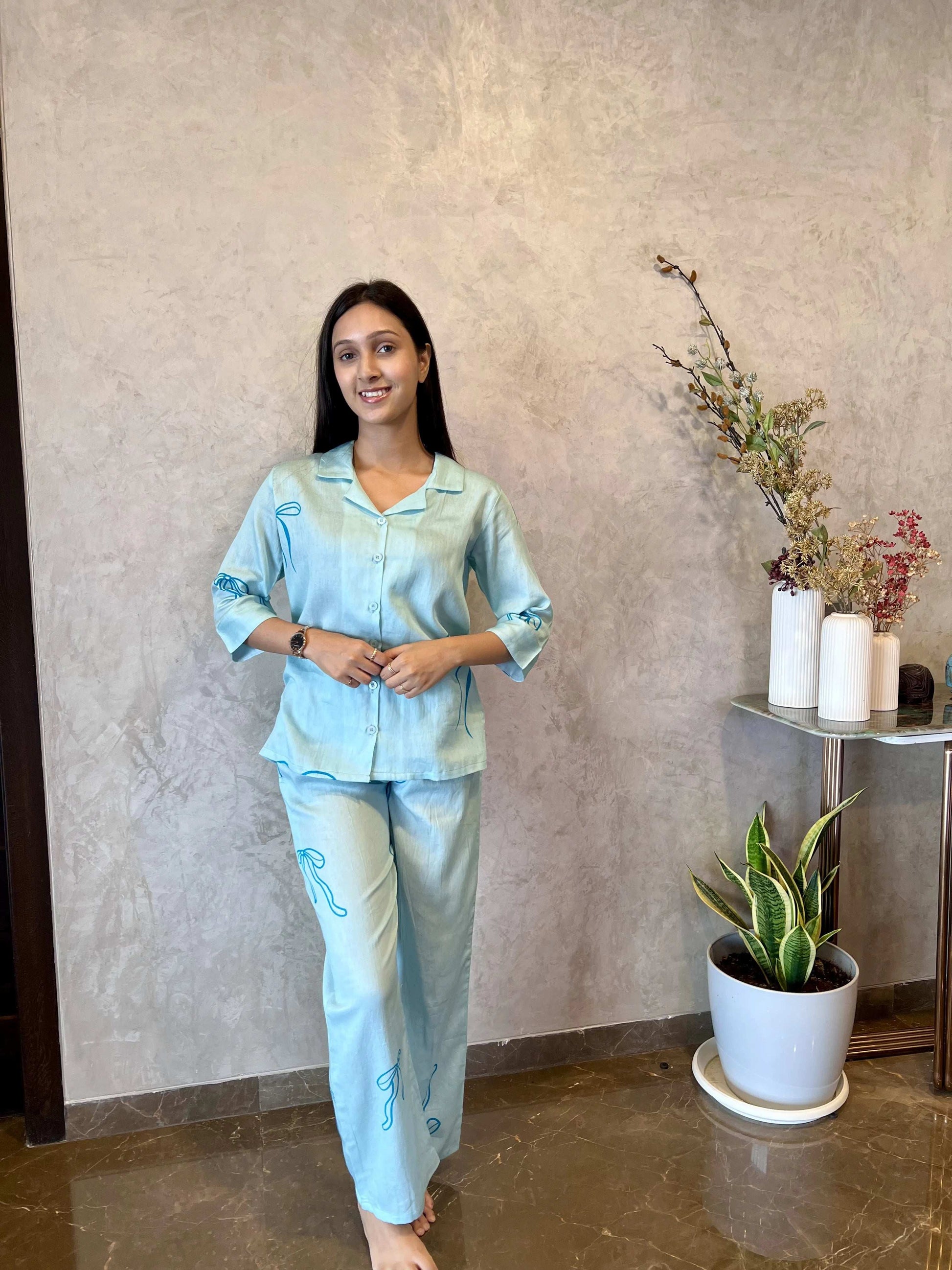 Velure Trendy Bow Print Cotton Night Suit. - Velure - - 3/4 Sleeves, Collar Neck, Cotton, Front Button Open, Full Length Pant