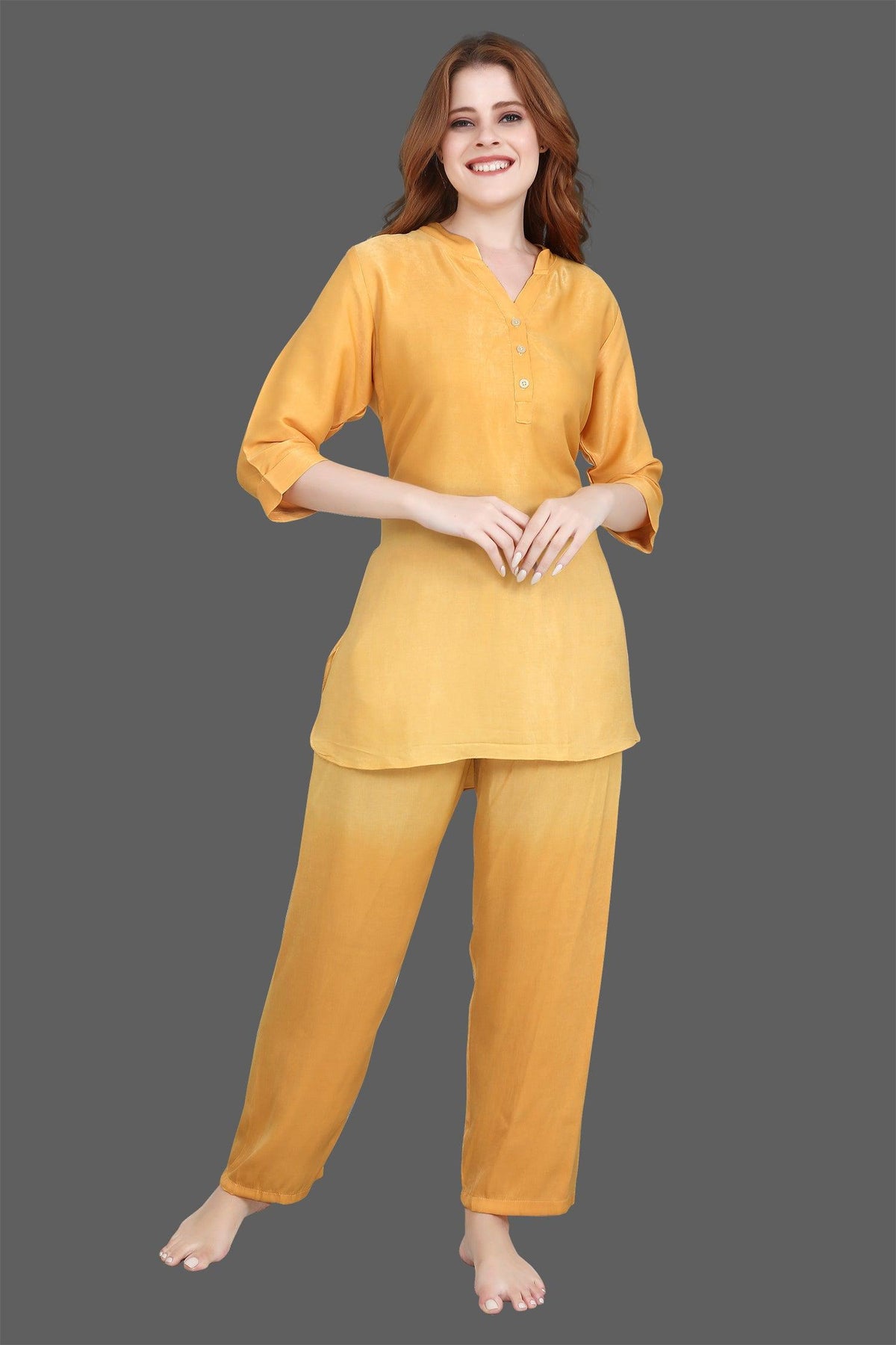 Velure Mustard Dual Shade Kurti Style Night Suit - Velure - Long Top and Pant - 3/4 Sleeves, Collar Neck, Cotton, Front Button Open, Full Length Pant