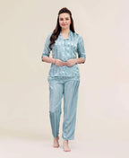 Velure Fusion Stripped Night Suit - Velure - - 3/4 Sleeves, Collar Neck, Cotton, Front Button Open, Full Length Pant, Stripes