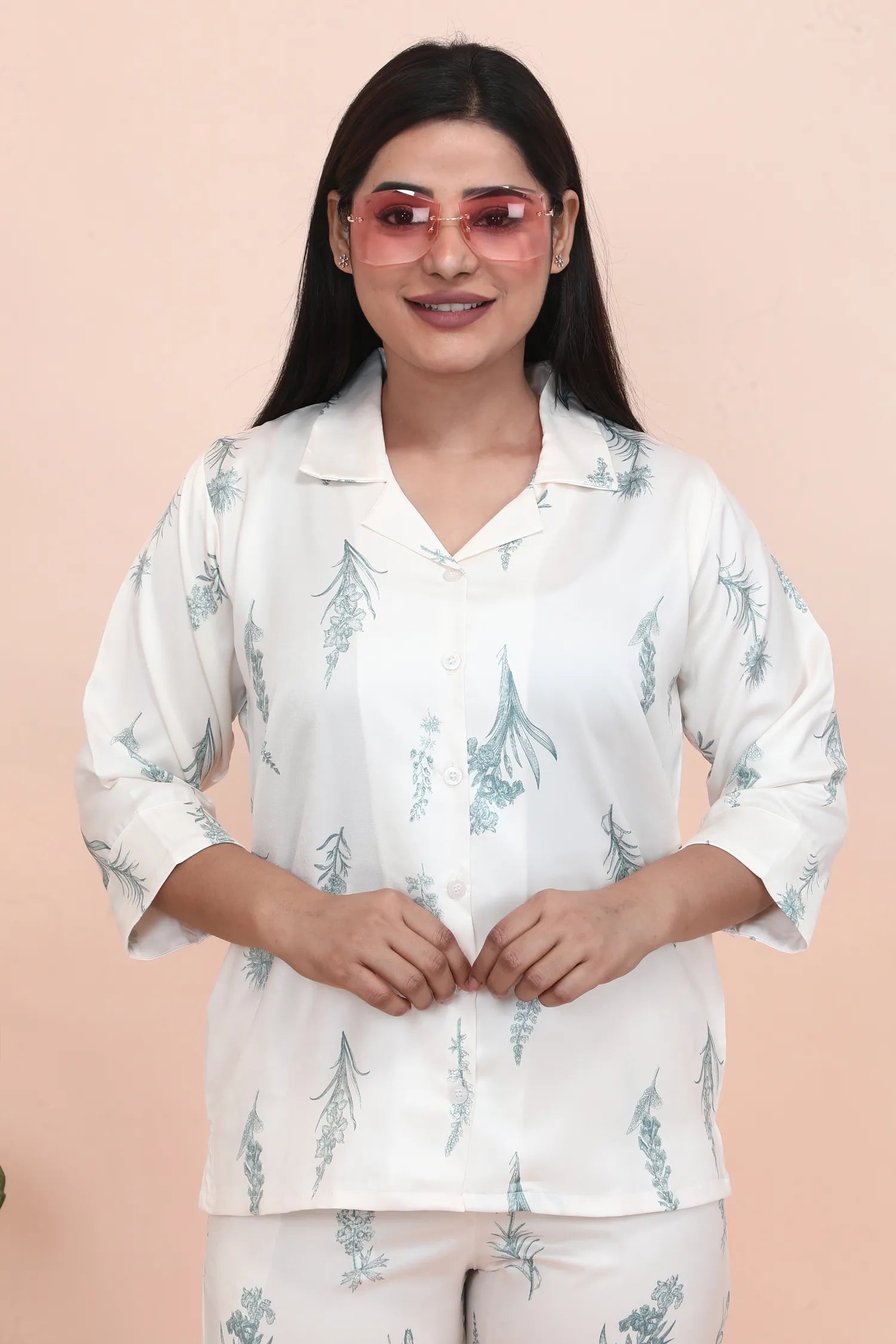 Velure Classic Floral Print Satin Night Suit - Velure - - 3/4 Sleeves, Collar Neck, Floral Print, Front Button Open, Full Length Pant, Satin
