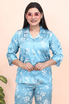 Velure Graceful Blue Floral Print Satin Night Suit - Velure - - 3/4 Sleeves, Collar Neck, Floral Print, Front Button Open, Full Length Pant, Satin