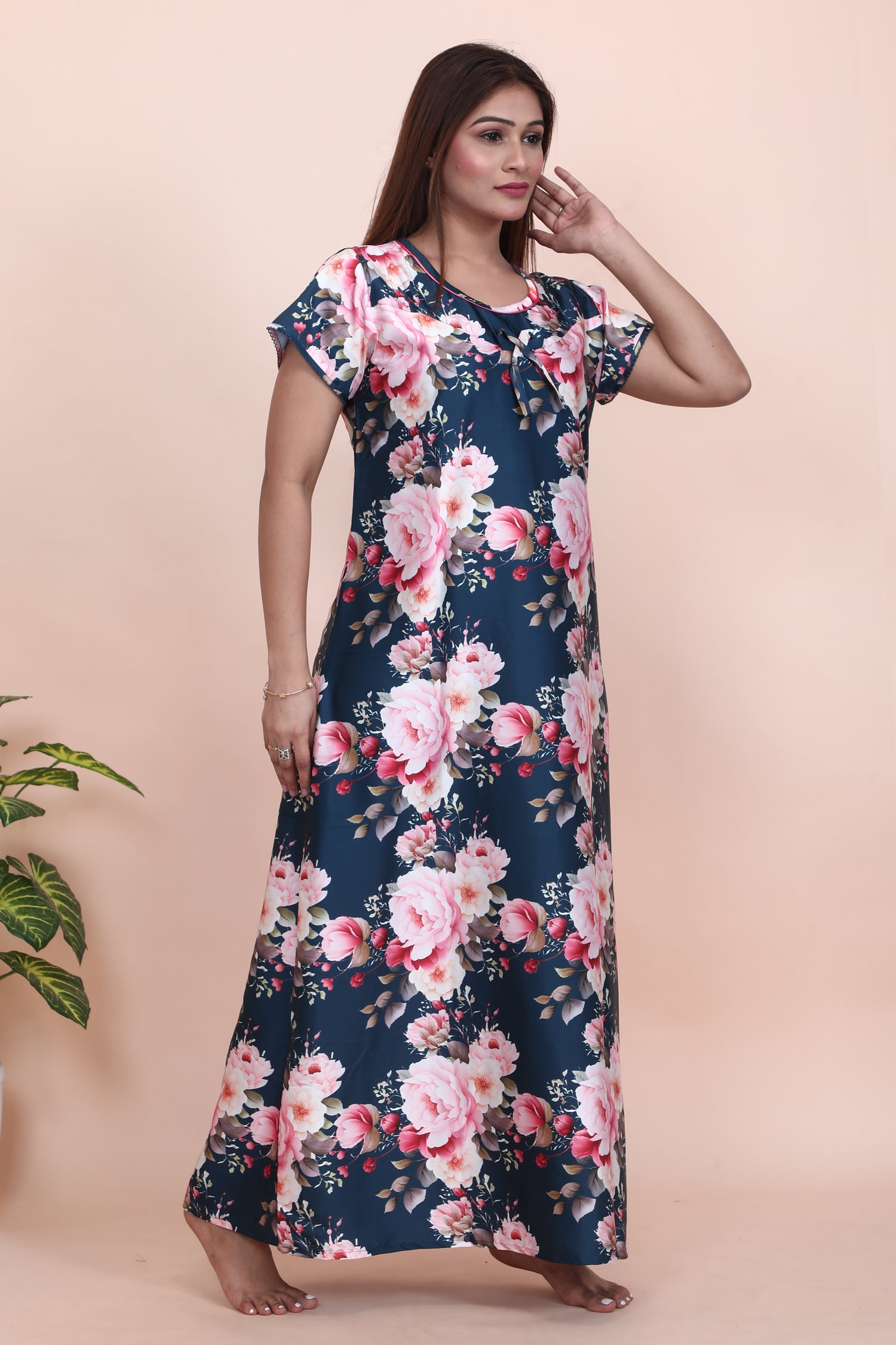 Velure Pleasing Floral Print Satin Nighty - Velure - - Floral Print, Half Sleeves Nighty, Satin