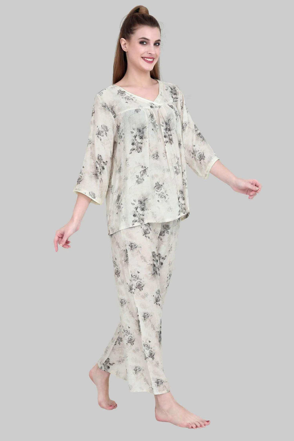 Velure Elegant Rose Print Frock-Style Night Suit - Velure - - 3/4 Sleeves, Floral Print, Frock Style, Full Length Pant, Linen, V Neck