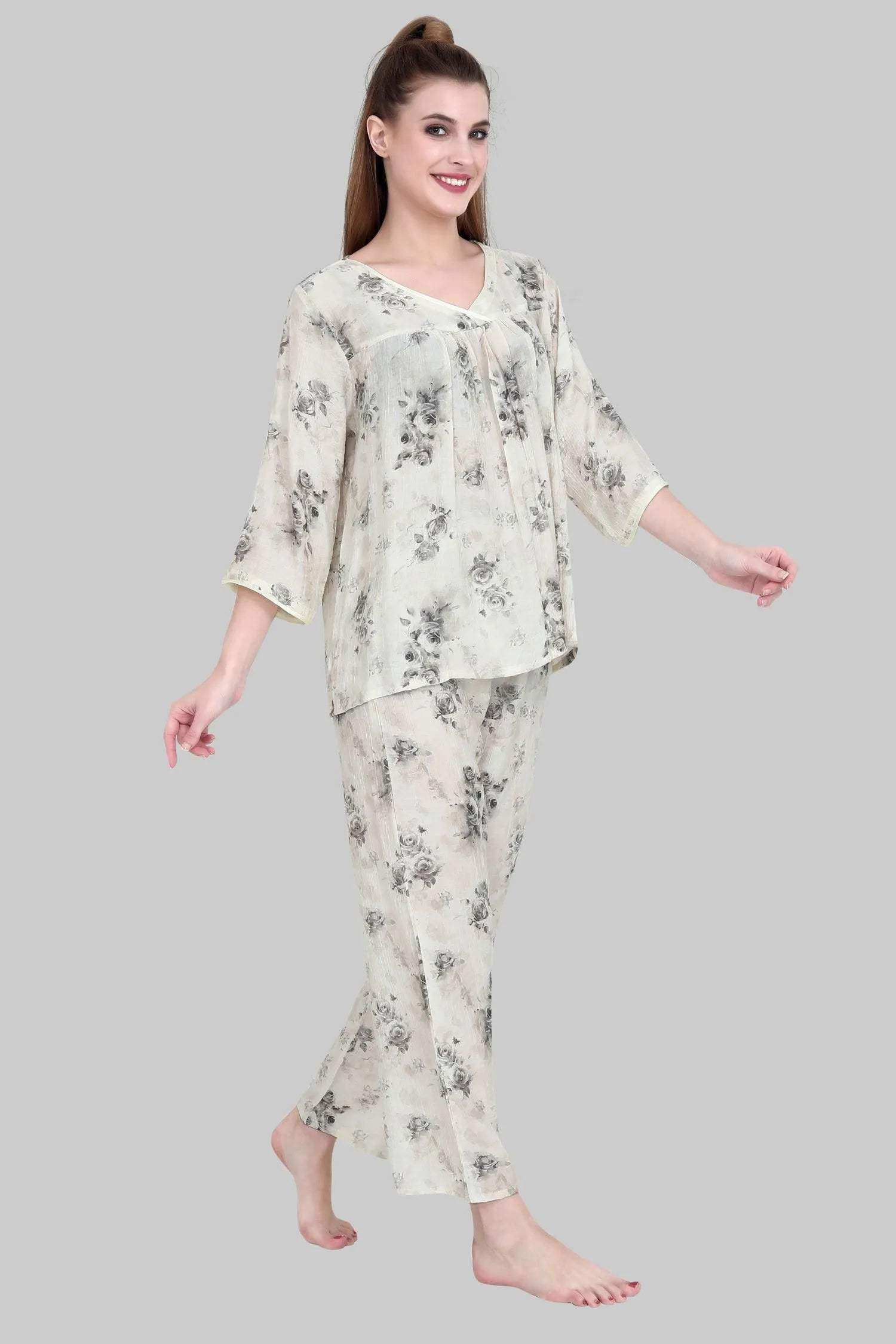 Velure Elegant Rose Print Frock-Style Night Suit - Velure - - 3/4 Sleeves, Floral Print, Frock Style, Full Length Pant, Linen, V Neck