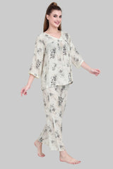 Velure Elegant Rose Print Frock-Style Night Suit - Velure - Long Top and Pant - 3/4 Sleeves, Floral Print, Frock Style, Full Length Pant, Linen, V Neck