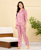 Velure Chic Flotal Print Satin Night Suit - Velure - - 3/4 Sleeves, Collar Neck, Floral Print, Front Button Open, Full Length Pant, Satin