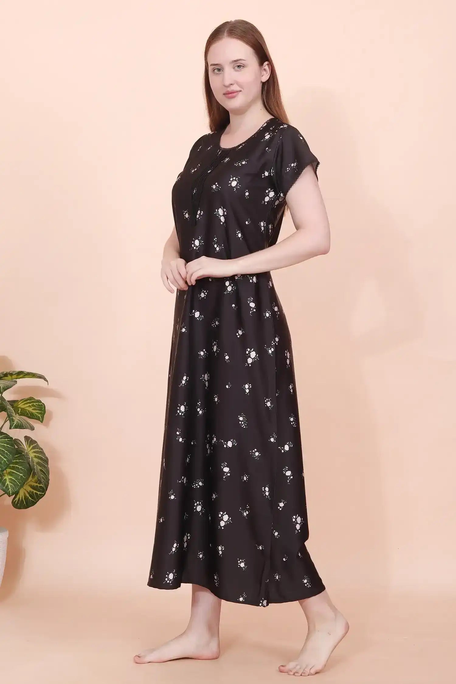 Velure Black Floral Satin Nighty
