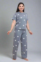 Velure Shiny Star Print Palazzo Night Suit - Velure - - Cotton Lycra Fabric, Full Length Pant, Half Sleeves, Round neck