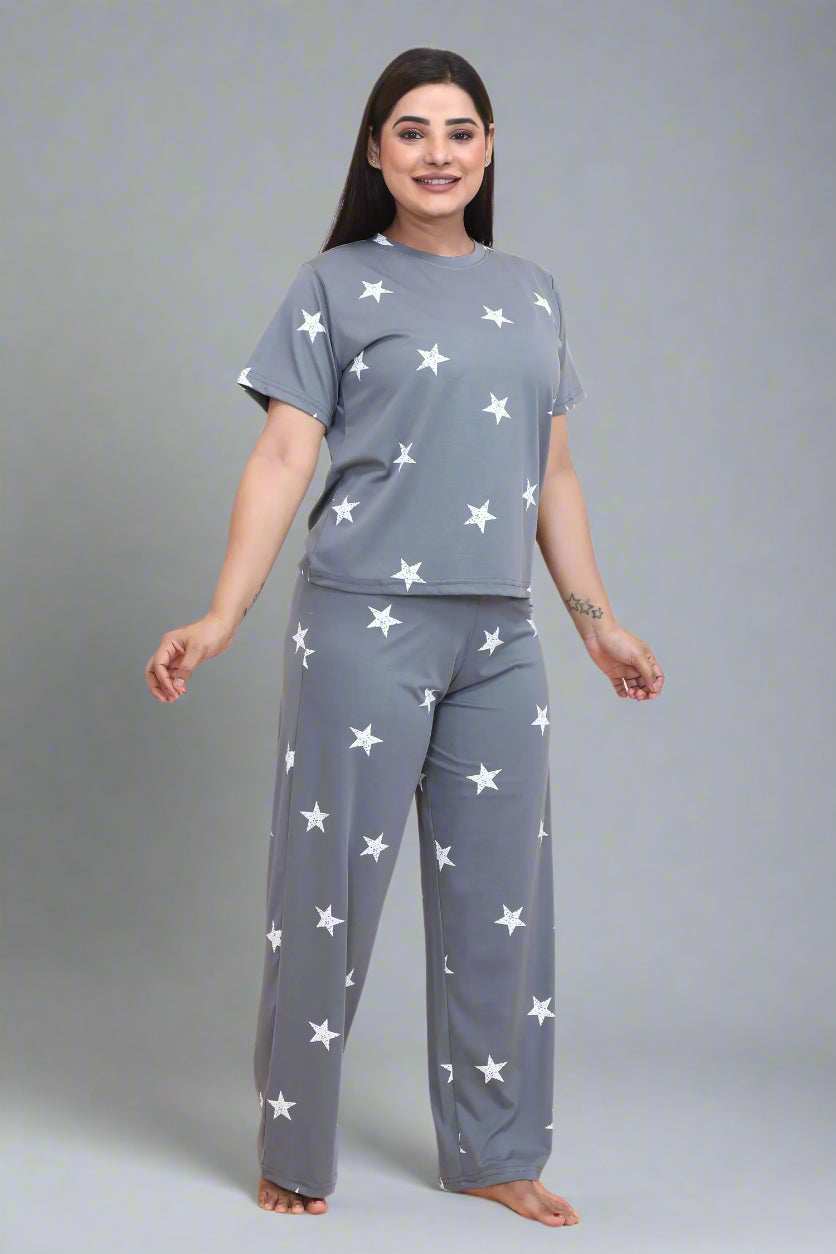 Velure Shiny Star Print Palazzo Night Suit - Velure - - Cotton Lycra Fabric, Full Length Pant, Half Sleeves, Round neck