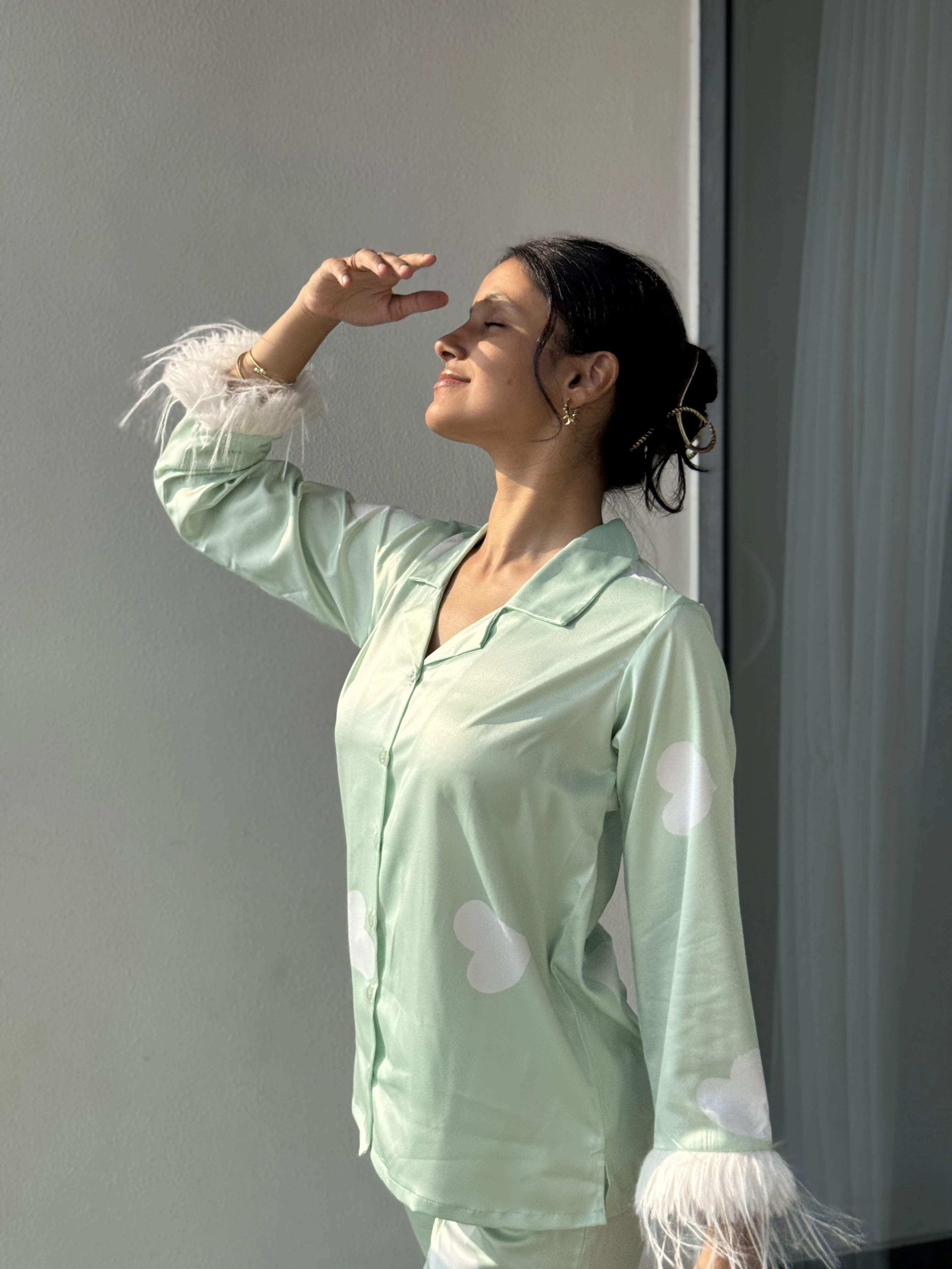 Velure Adorable Green Heart Printed Satin Fur Night Suit - Velure - Shirt and Pant - Detail-printedfur, Front Button Open, Full Length Pant, Fur, Satin