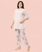 Velure Grace Floral Print Kurti Style Night Suit - Velure - - 3/4 Sleeves, Collar Neck, Full Length Pant, Linen, Printed