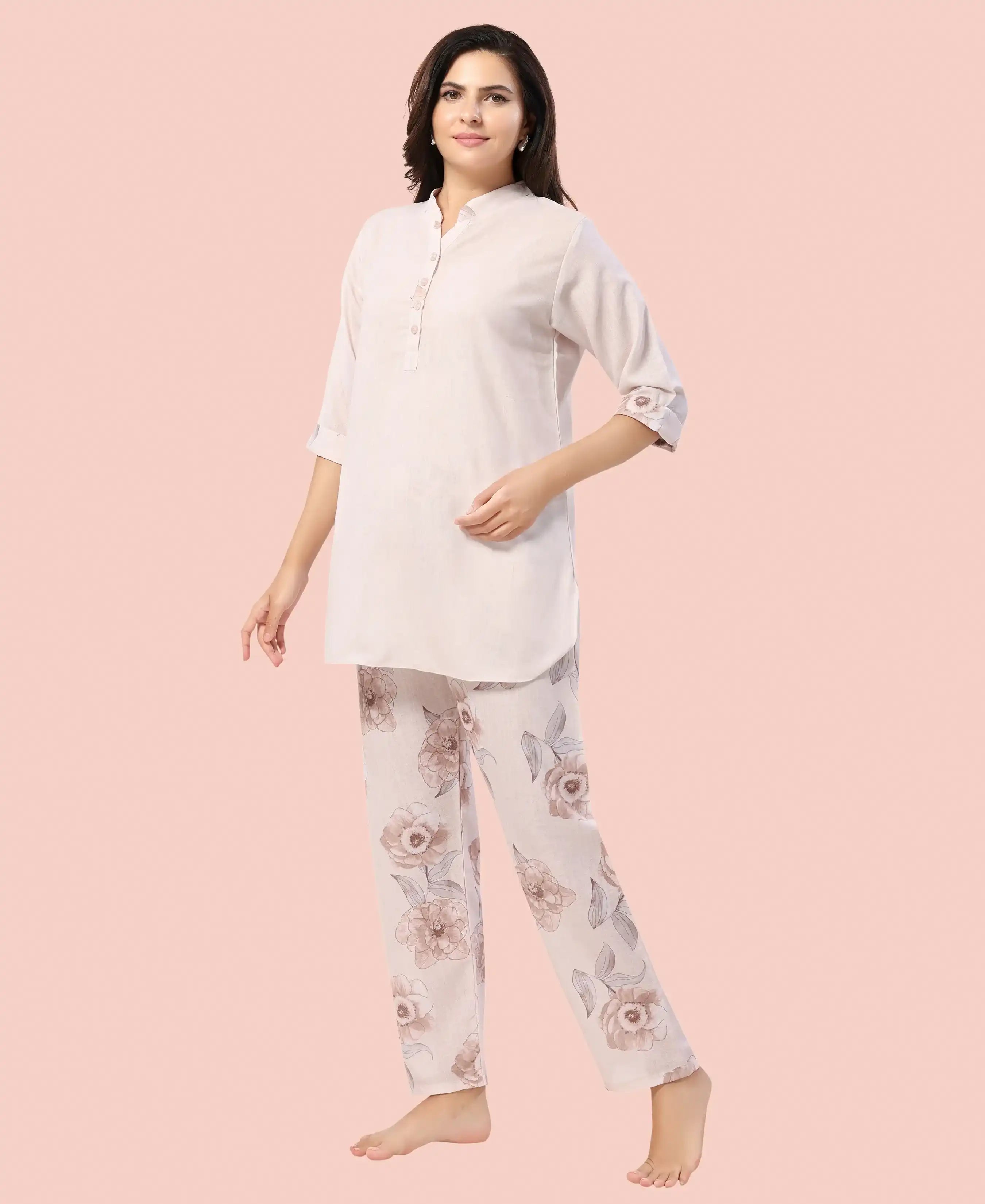 Velure Grace Floral Print Kurti Style Night Suit - Velure - - 3/4 Sleeves, Collar Neck, Full Length Pant, Linen, Printed
