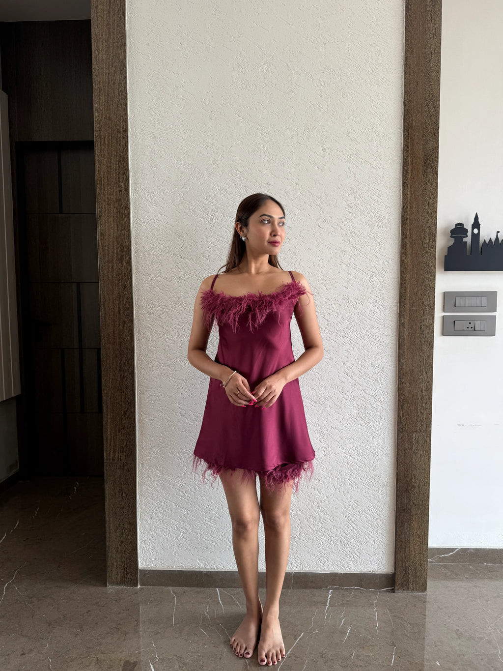 Velure Feathery Maroon Spaghetti Shorts Set