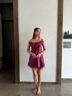 Velure Feathery Maroon Spaghetti Shorts Set