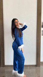 Velure Luxurious Royal Blue Fur Night Suit - Velure - - Collar Neck, Front Button Open, Full Length Pant, Full Sleeves, Fur, Satin