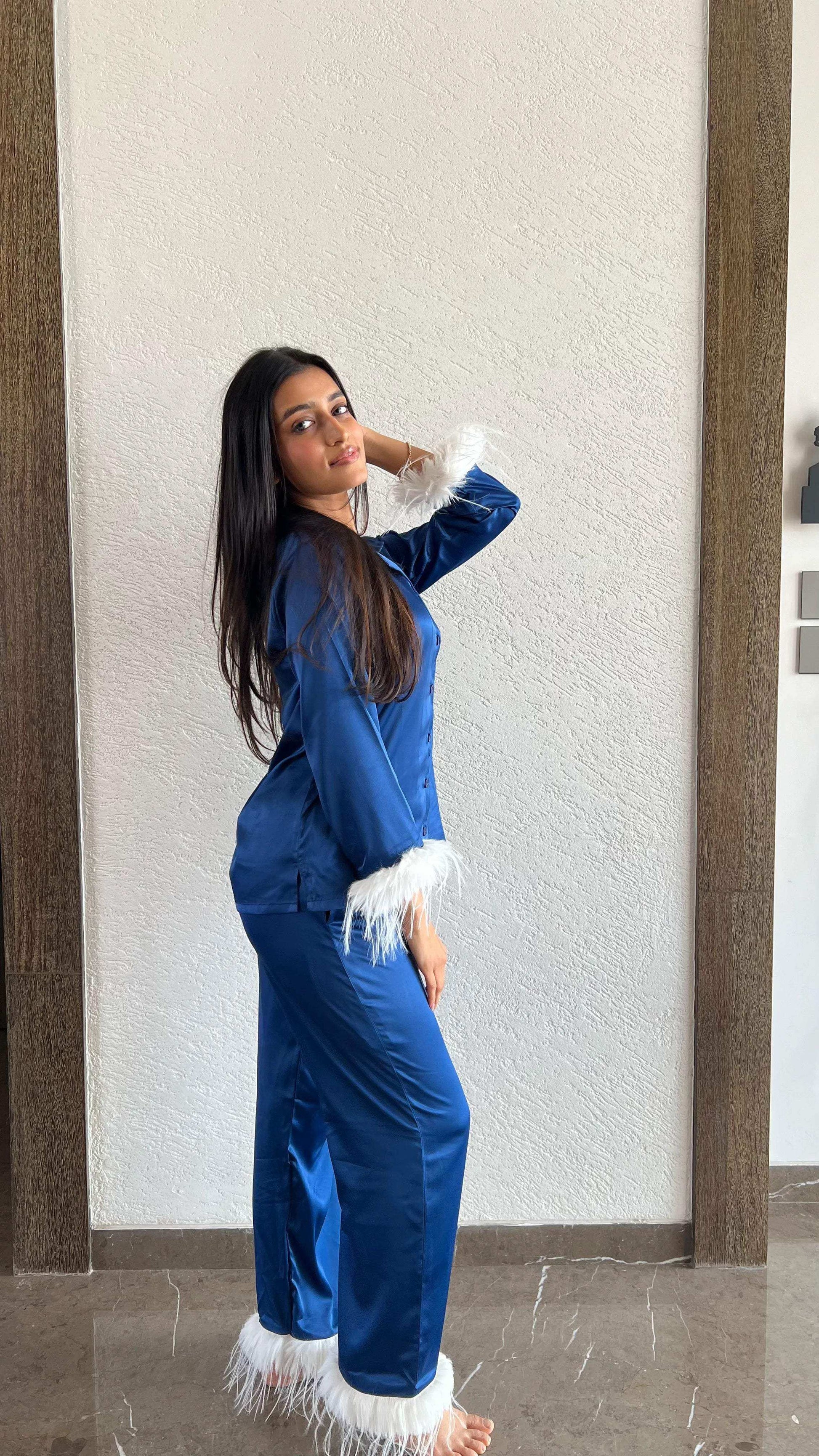 Velure Luxurious Royal Blue Fur Night Suit - Velure - - Collar Neck, Front Button Open, Full Length Pant, Full Sleeves, Fur, Satin