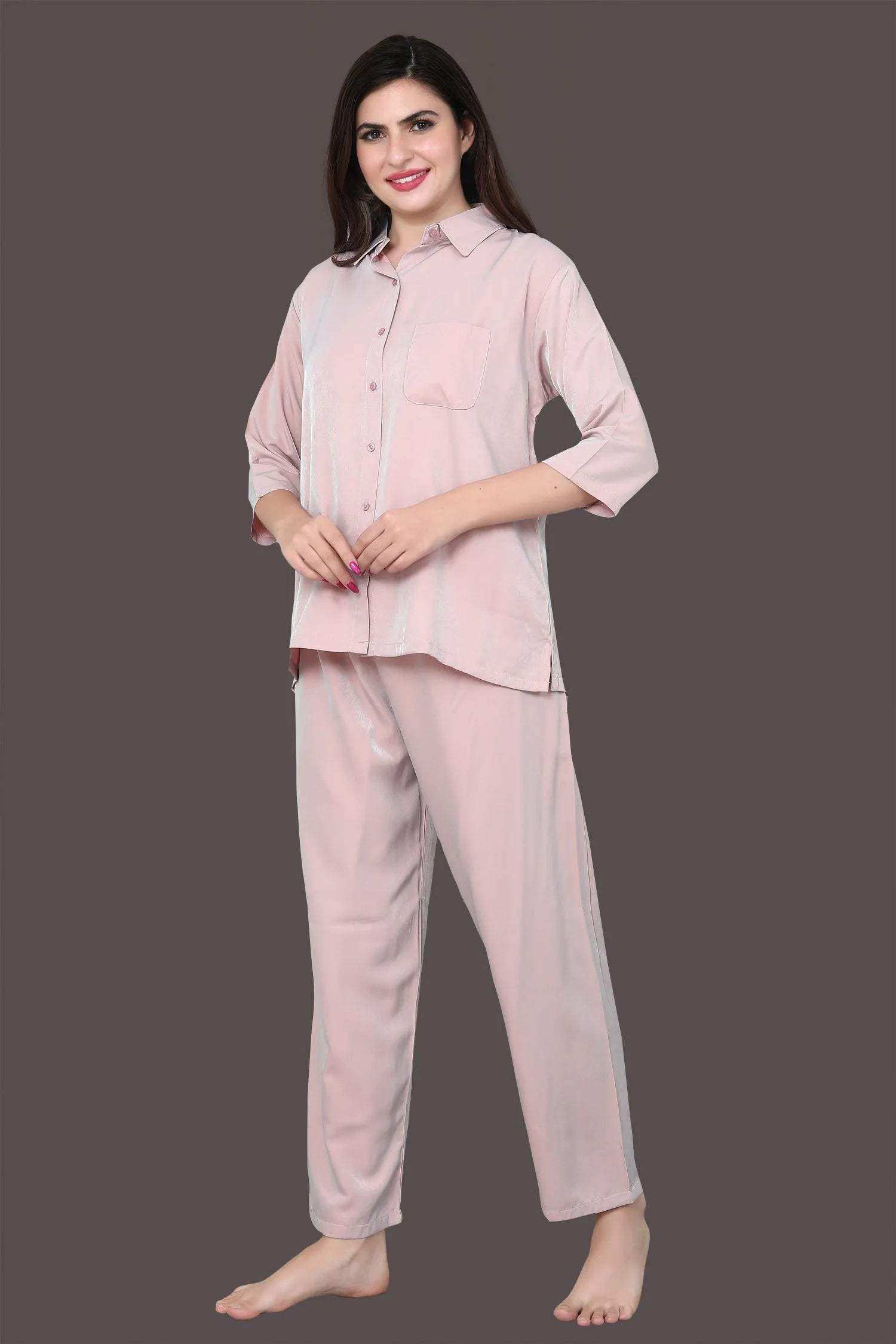 Velure Casual Co-ord Set - Velure - - 3/4 Sleeves, Collar Neck, Front Button Open, Full Length Pant