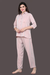 Velure Casual Co-ord Set - Velure - Co-ord Sets - 3/4 Sleeves, Collar Neck, Front Button Open, Full Length Pant