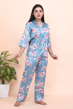 Velure Classic Elegant Floral Print Night Suit - Velure - - 3/4 Sleeves, Collar Neck, Floral Print, Front Button Open, Full Length Pant, Satin