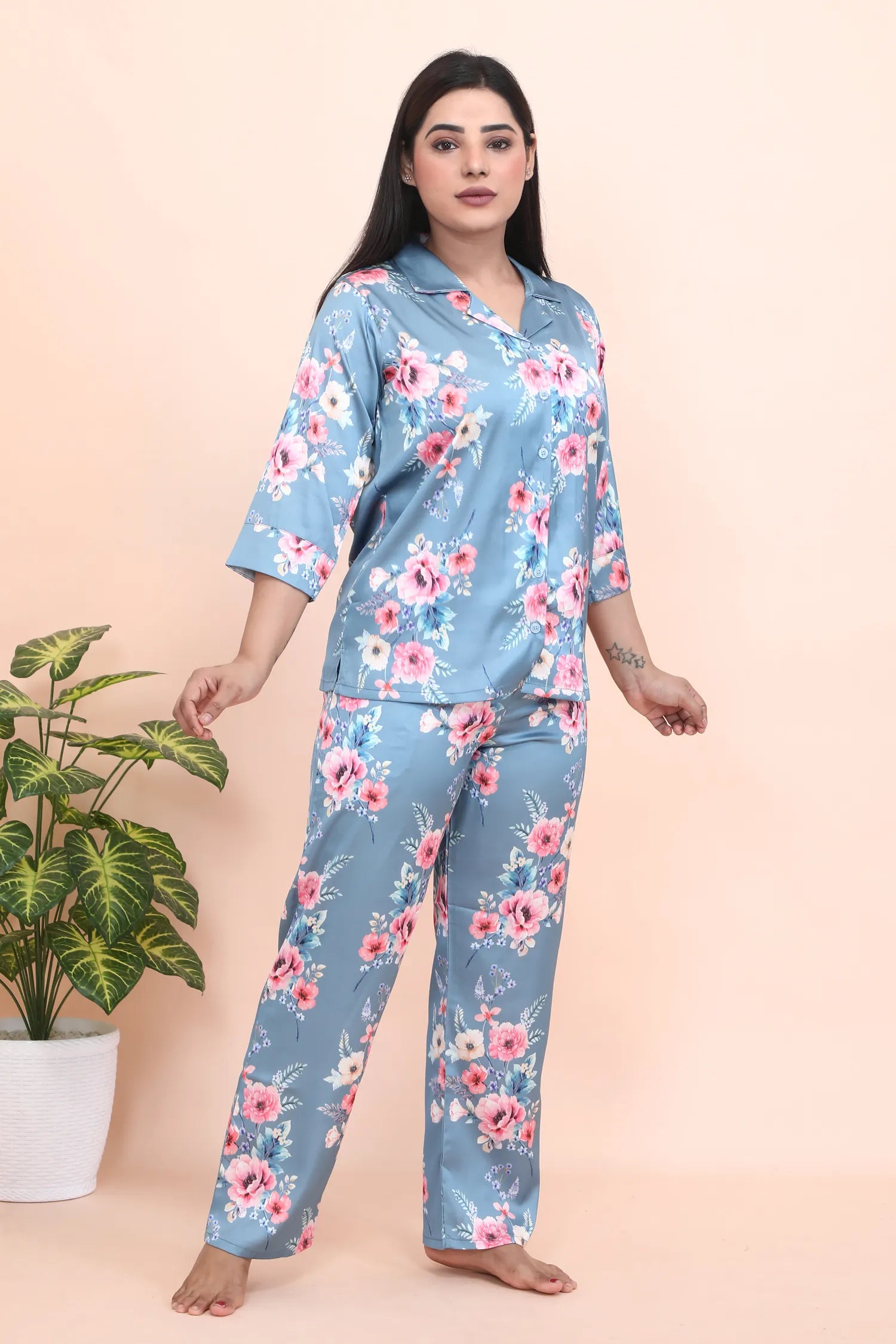 Velure Classic Elegant Floral Print Night Suit - Velure - - 3/4 Sleeves, Collar Neck, Floral Print, Front Button Open, Full Length Pant, Satin