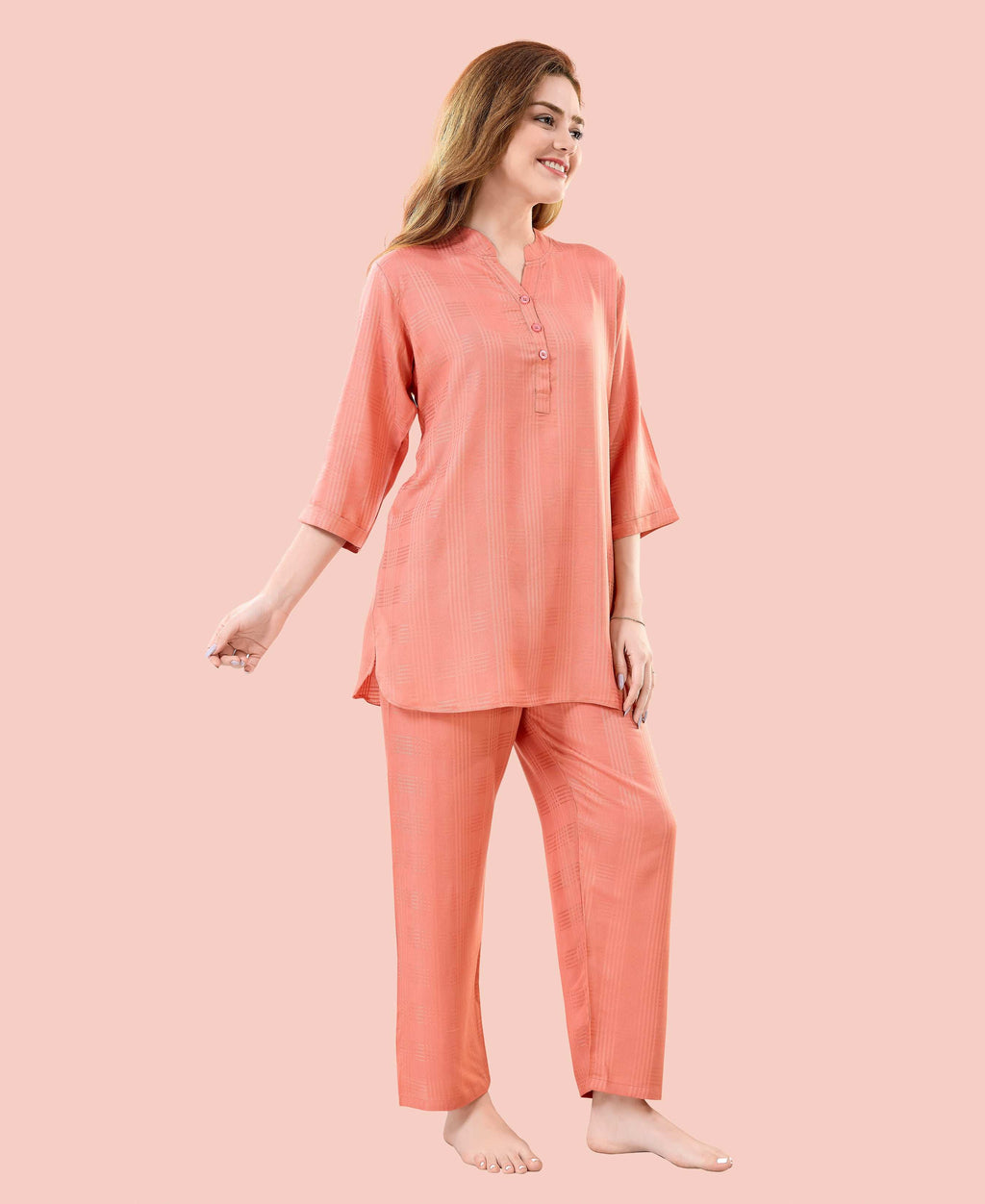 Velure Graceful Orange Kurti Style Night Suit - Velure - - 3/4 Sleeves, Collar Neck, Cotton, Front Button Open, Full Length Pant