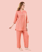Velure Graceful Orange Kurti Style Night Suit - Velure - - 3/4 Sleeves, Collar Neck, Cotton, Front Button Open, Full Length Pant