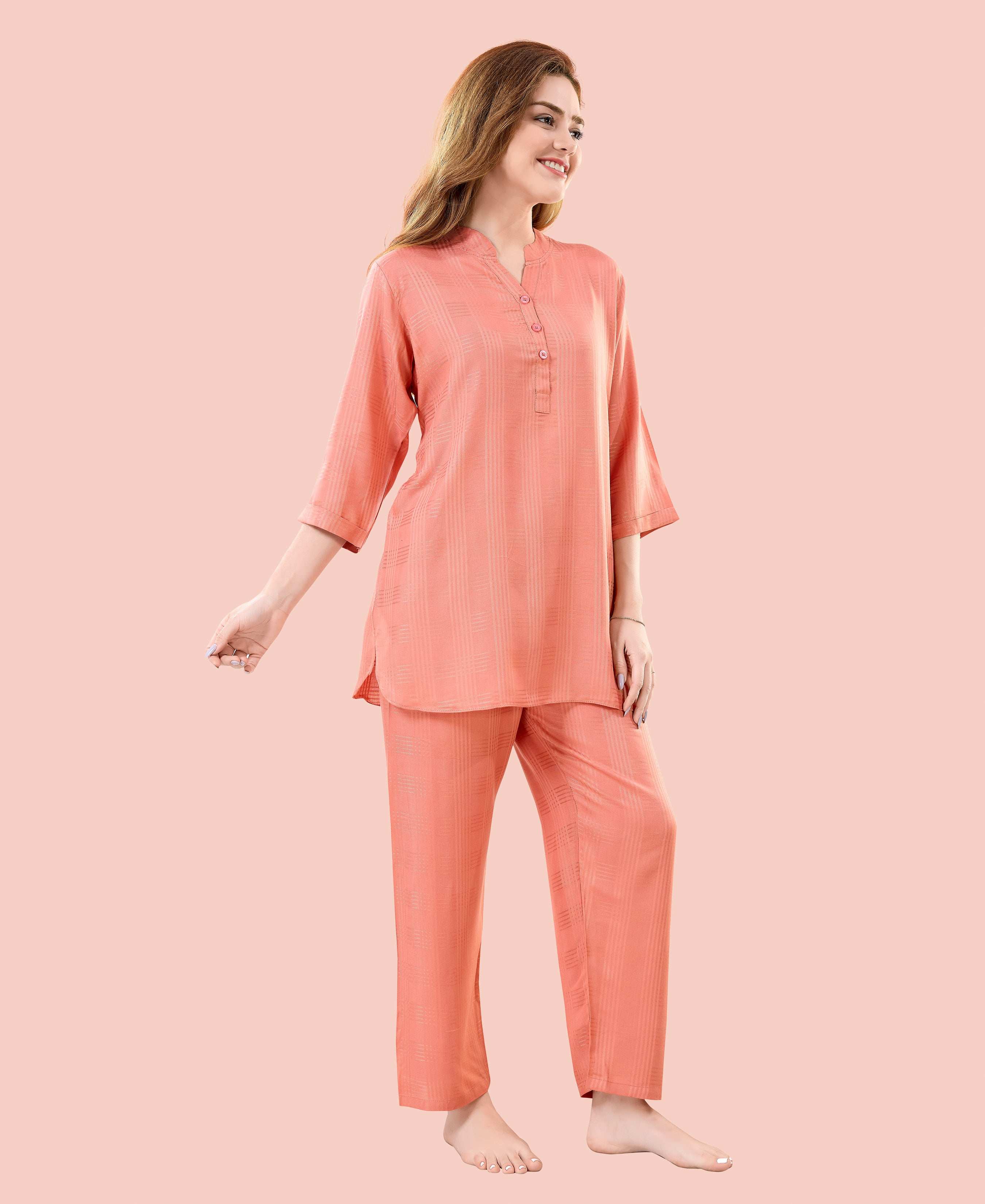 Velure Graceful Orange Kurti Style Night Suit - Velure - - 3/4 Sleeves, Collar Neck, Cotton, Front Button Open, Full Length Pant