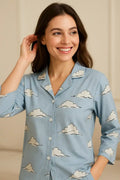 Velure Classic Grey Cloud Print Cotton Night Suit - Velure - - 3/4 Sleeves, Collar Neck, Cotton, Front Button Open, Full Length Pant