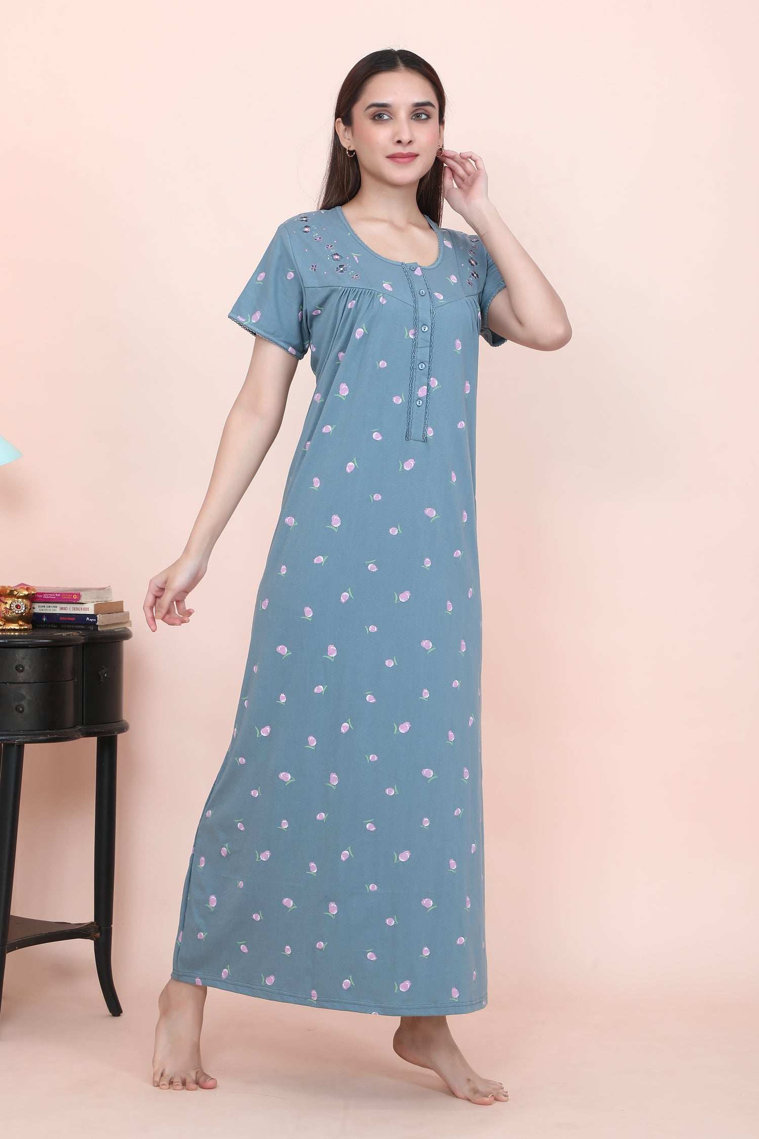 Velure Pleasing Floral Print Hosiery Nighty - Velure - - Floral Print, Full Length Nighty, Gathering Effect, Half Sleeves Nighty, Hosiery Cotton