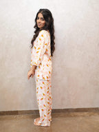 Ice-Cream Night Suit - Velure - Shirt and Pant - 3/4 Sleeves, Collar Neck, Cotton, Front Button Open, Full Length Pant, Printed
