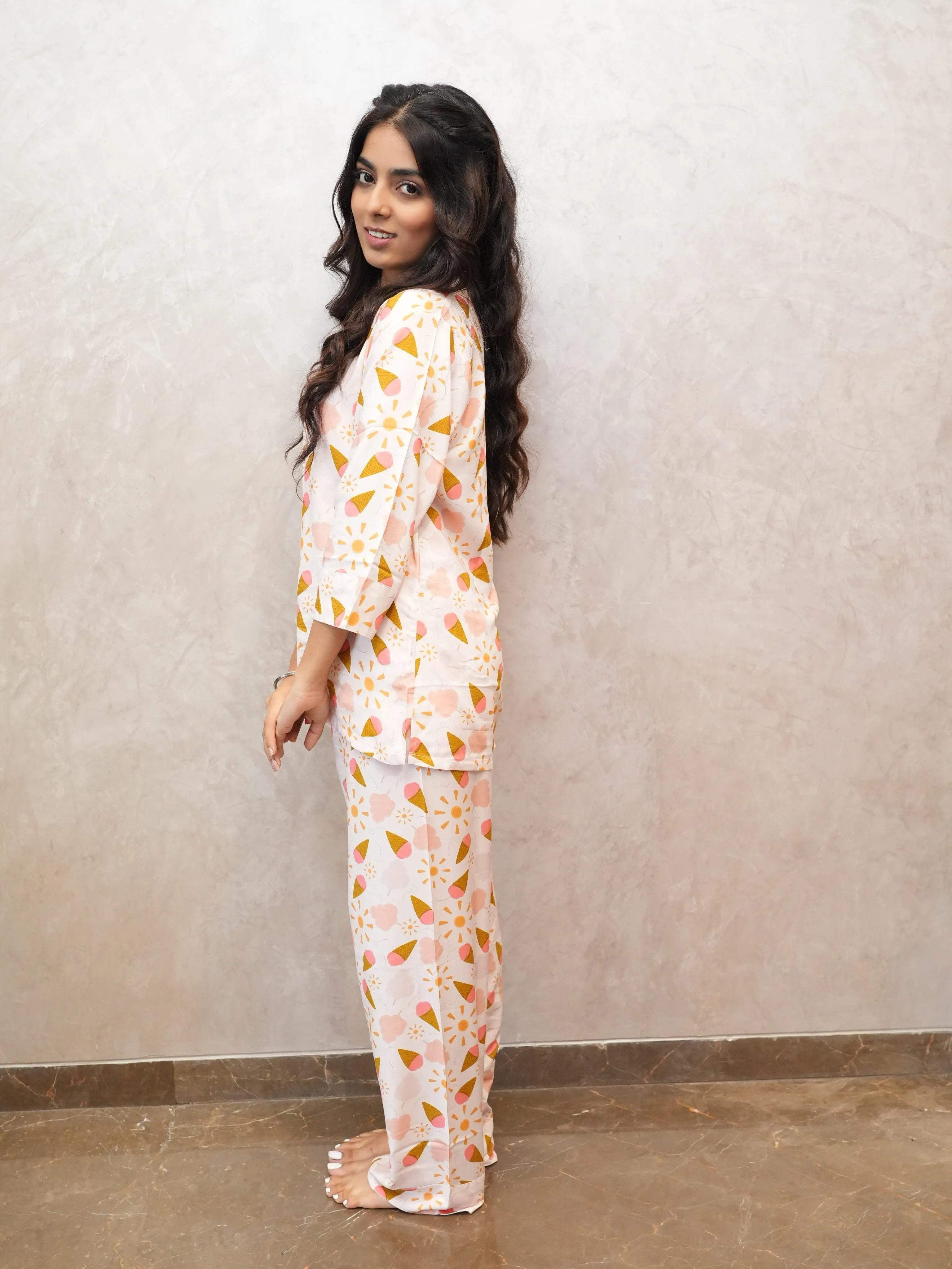 Ice-Cream Night Suit - Velure - Shirt and Pant - 3/4 Sleeves, Collar Neck, Cotton, Front Button Open, Full Length Pant, Printed