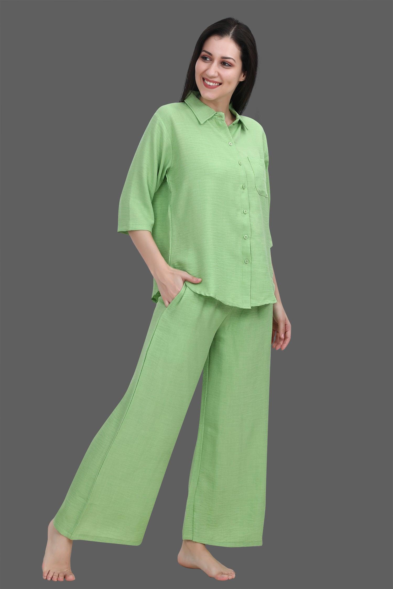 Velure Green Palazzo Night Suit Set - Velure - - 3/4 Sleeves, Collar Neck, Front Button Open, Full Length Pant, Linen