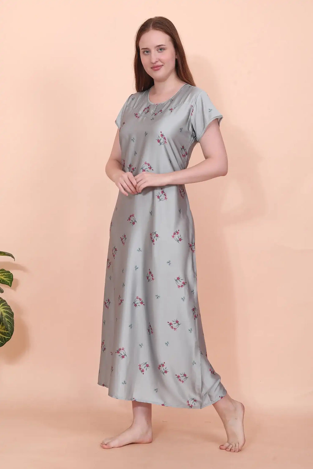 Velure Glossy Grey Floral Satin Nighty