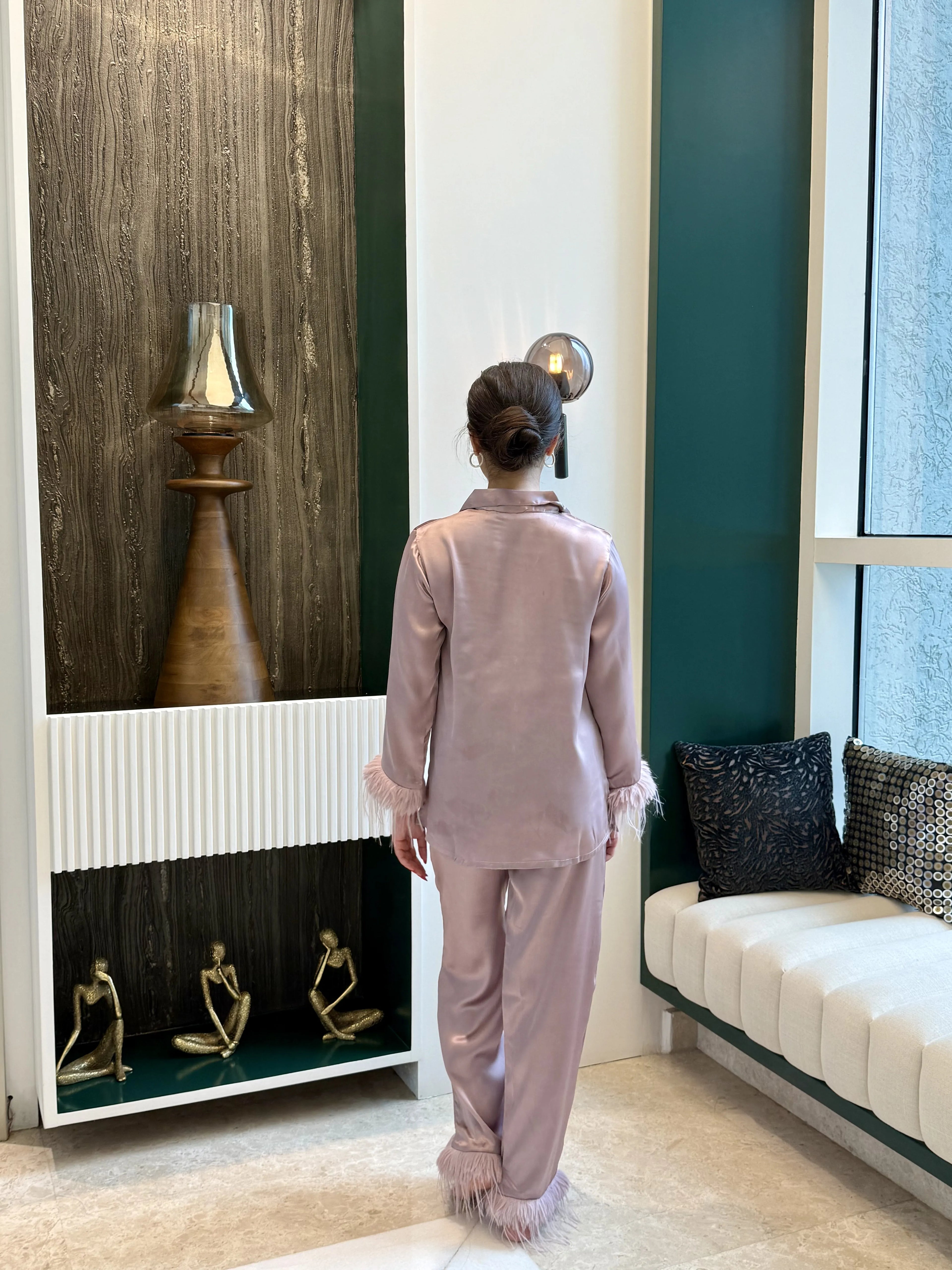 Velure Glossy Fur Night Suit - Velure - - Collar Neck, Detail-plainfur, Front Button Open, Full Length Pant, Full Sleeves, Fur, Satin