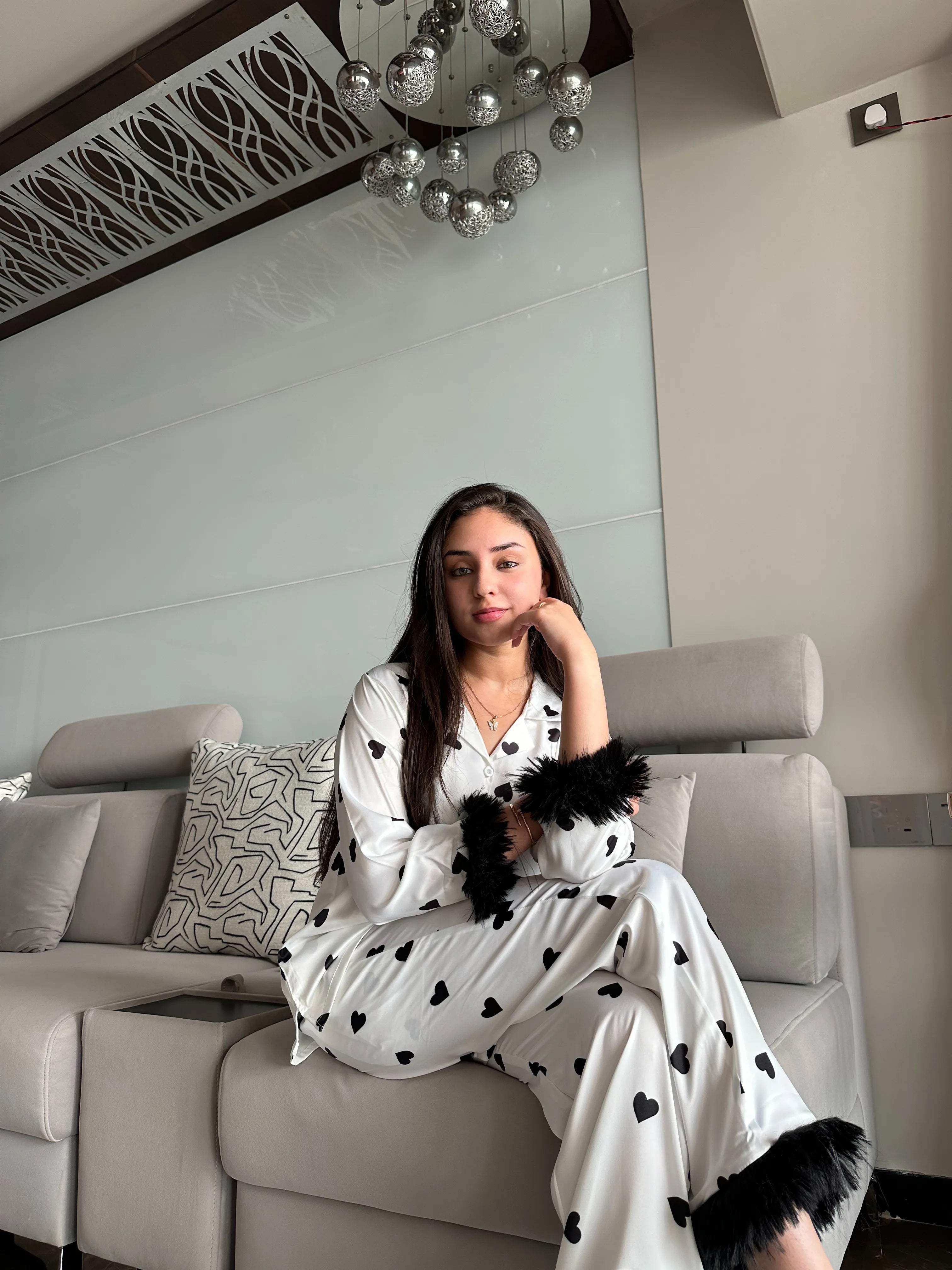 Velure Fashionable Black Heart Fur Print Night Suit - Velure - - Detail-printedfur, Front Button Open, Full Length Pant, Fur, Satin