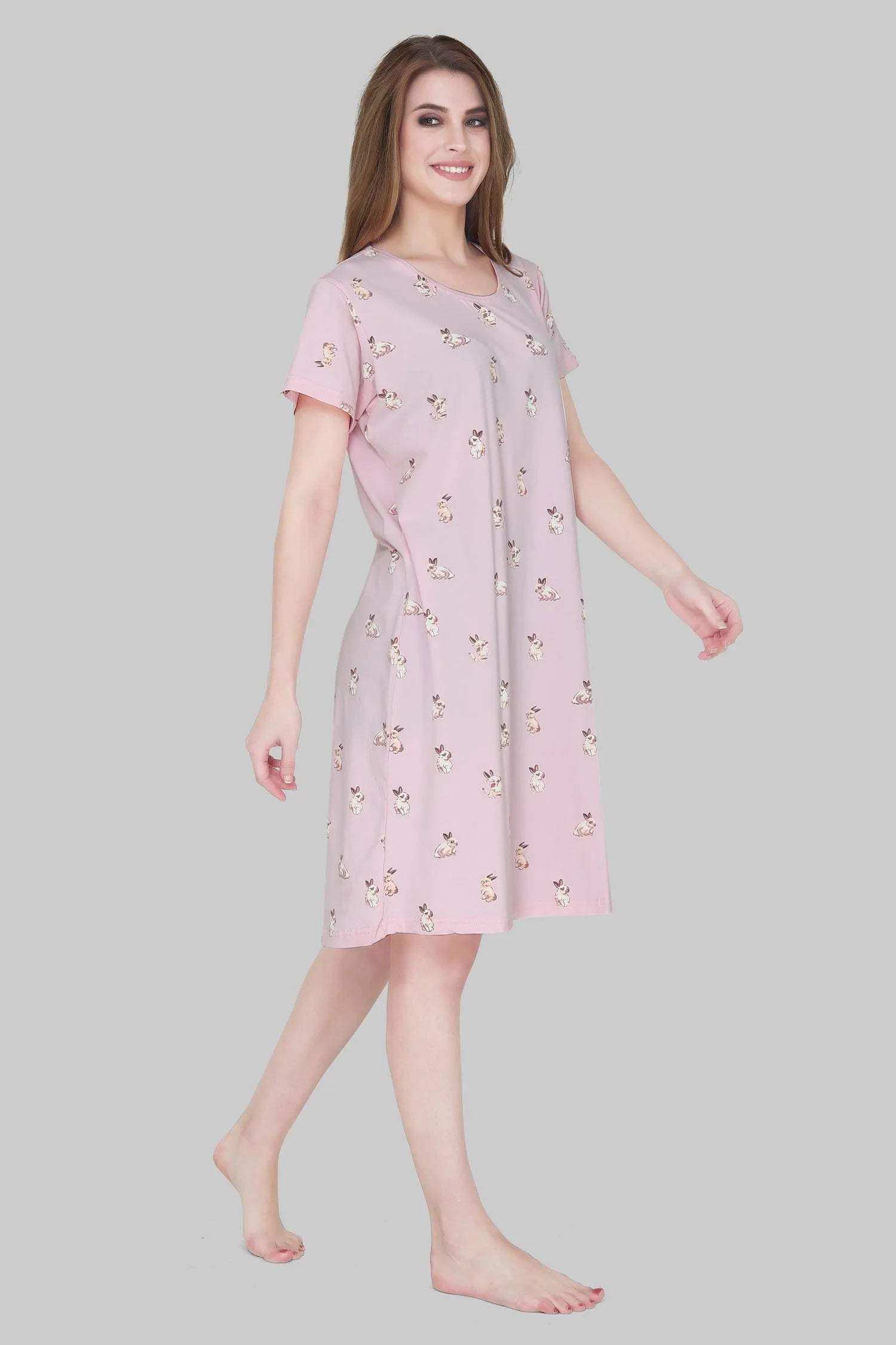 Velure Cute Bunny Print Short Nighty - Velure - - Cotton, Half Sleeves, Knee Length, Printed, Round neck