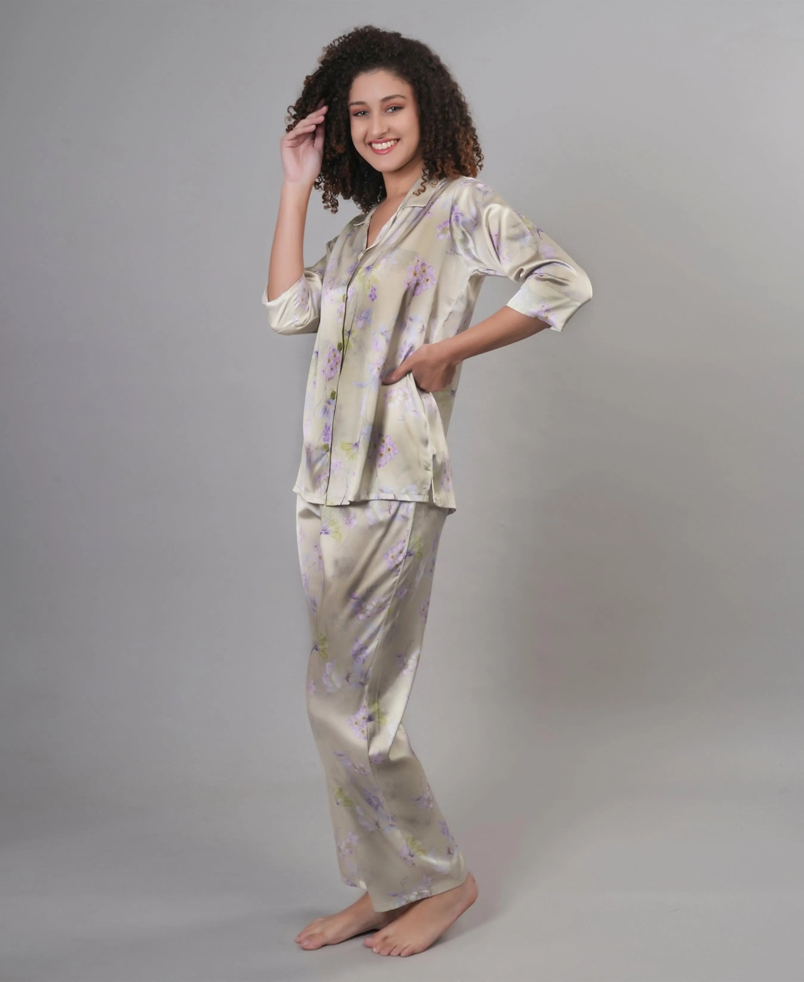 Velure Frenzy Floral Print Satin Night Suit - Velure, Shirt and Pant, Enhance your style with this ultra-comfortable, stunning Velure Frenzy Floral Print Satin Night Suit. Made from smooth satin fabric, known for its luxurious softness and unmatched comfort, this suit features a beautiful print pattern that brings joy. The set includes a shirt with full sleeves and full-length pants with an elastic waistband for an ideal fit. Prepare for a peaceful slumber and sweet dreams!