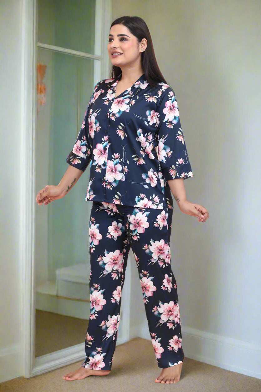 Velure Pleasing Floral Print Satin Night Suit - Velure - - 3/4 Sleeves, Collar Neck, Floral Print, Front Button Open, Full Length Pant, Satin