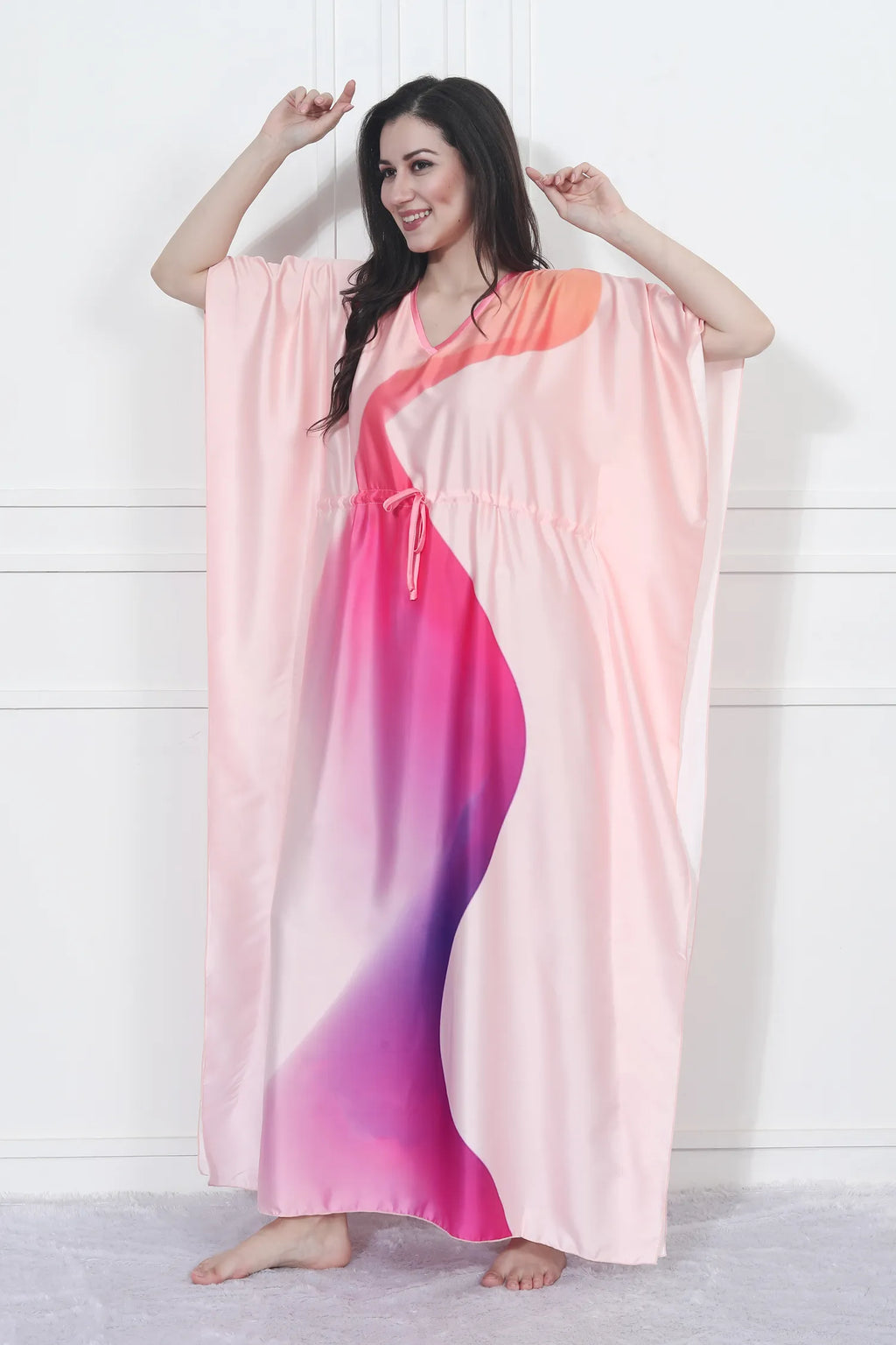Velure Embellished Gradient Kaftan - Velure - - Center Drawstring, Full Length Nighty, Satin