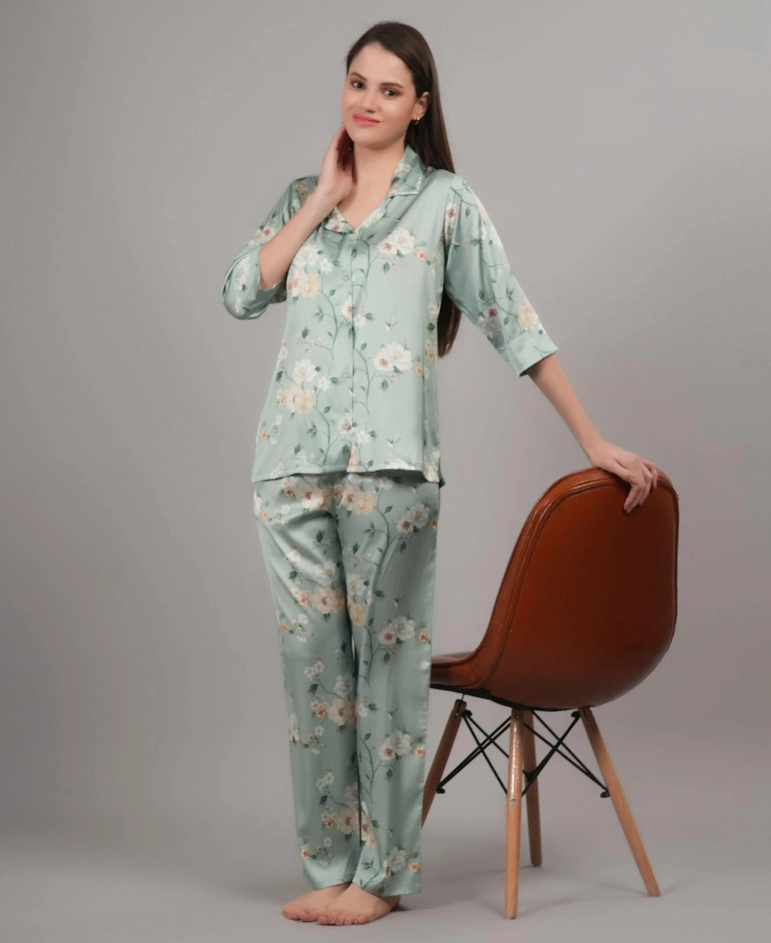 Velure Vintage Flowery Satin Print Night Suit - Velure, Shirt and Pant, Pump up your style quotient with this utmost comfort with this awesome Velure's Vintage Flowery Satin Night Suit. Beautifully crafted soft satin fabric for luxurious softness and unmatched ease of wear, its print pattern makes it a joy to be in. The suit includes a shirt with full sleeves and full-length pants with an elastic waistband for a comfortable fit. Get ready for some deep sleep and the sweetest of dreams!